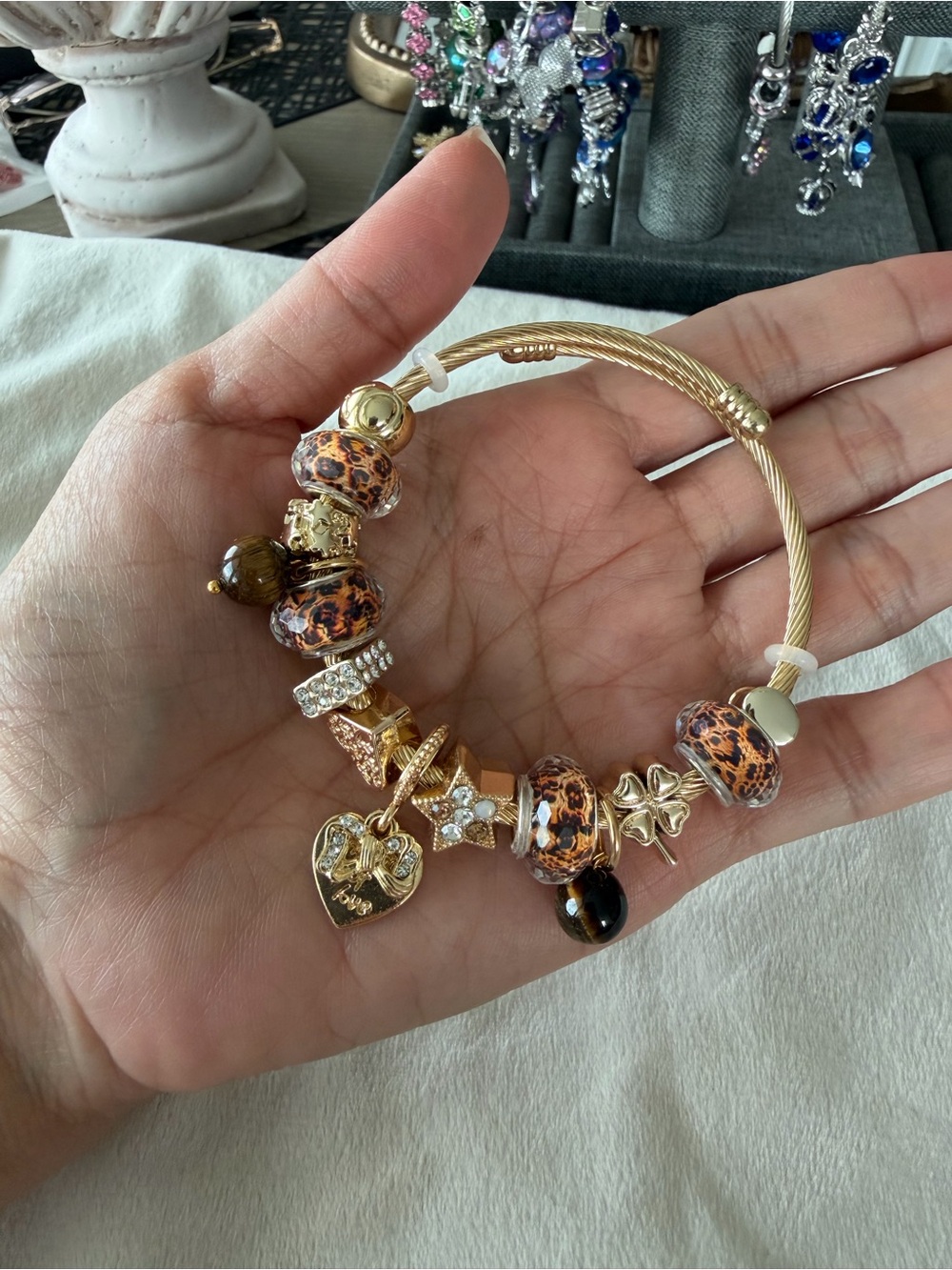 Gold-Tone Leopard Glass Bead Charm Bracelet - Women Jewelry